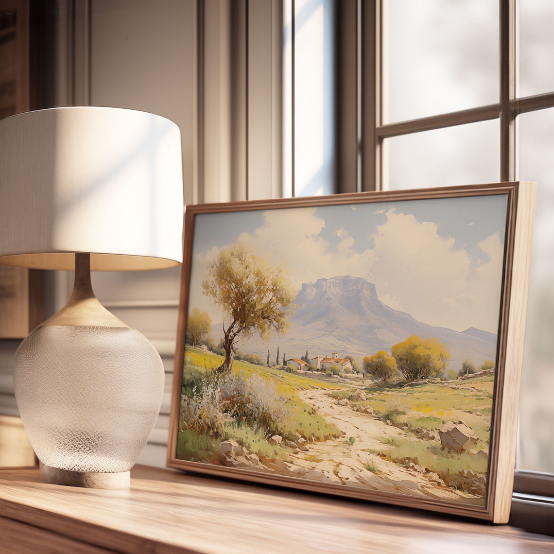 Rural Sunlit Country Farmhouse Golden Field Mountain View Poster - Image 3