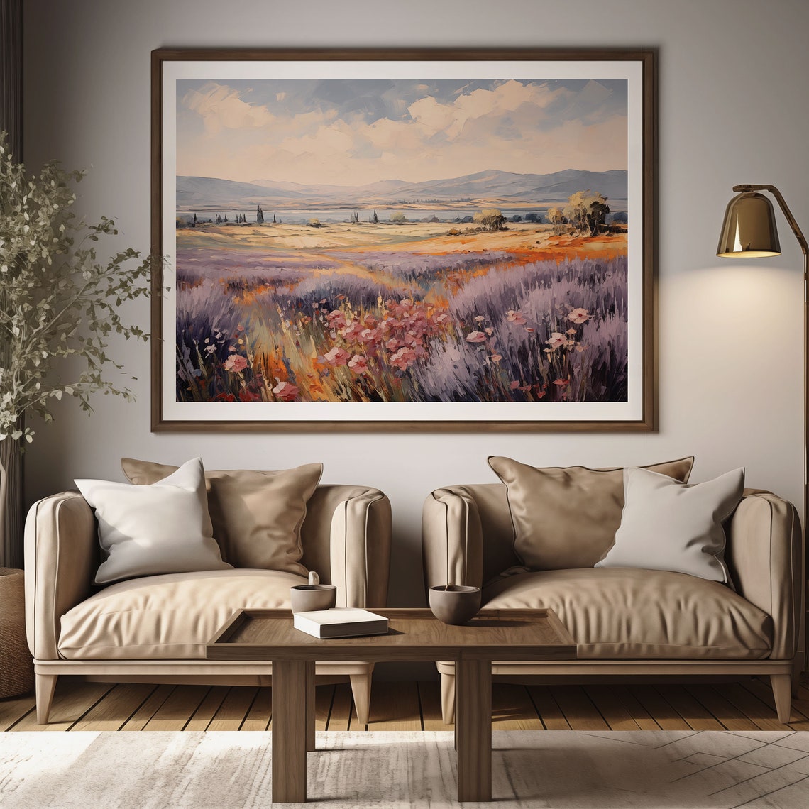 Lavender Field Pink Cosmos Flowers Rolling Hills Oil Painting Poster - Image 2