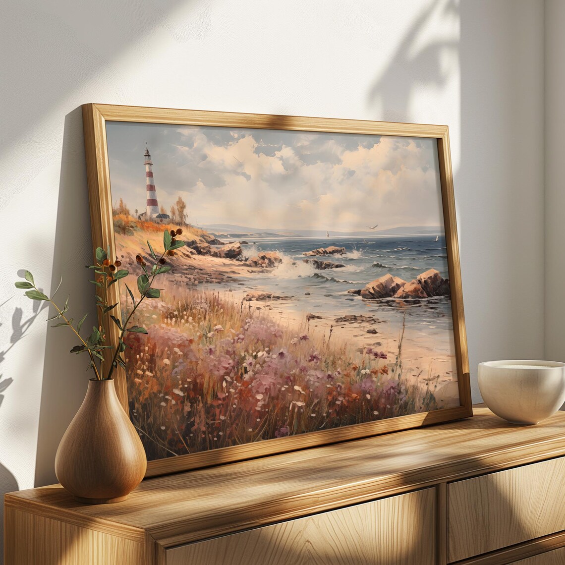Lighthouse Rocky Coast Waves Striped Tower Seascape Oil Painting Poster - Image 3