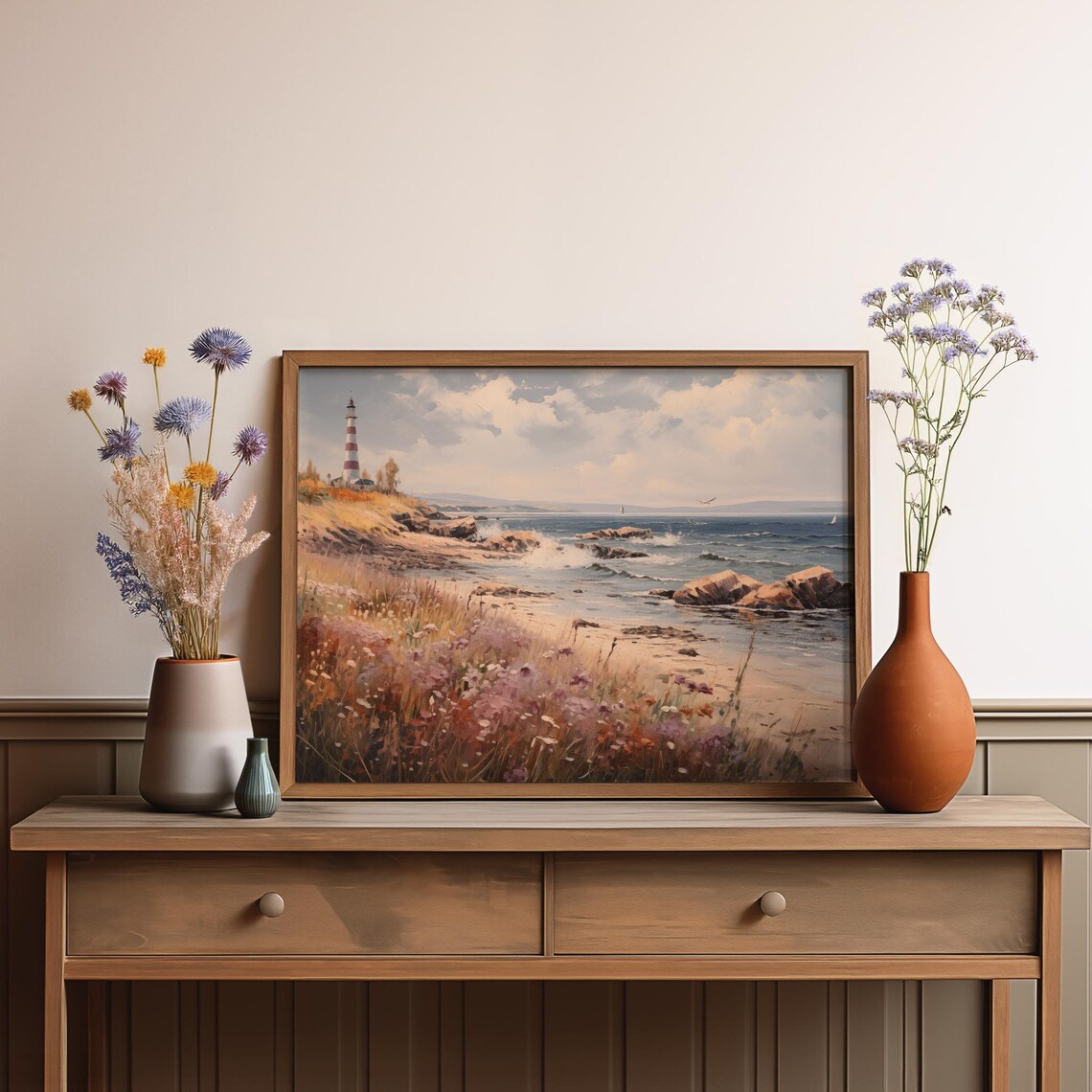 Lighthouse Rocky Coast Waves Striped Tower Seascape Oil Painting Poster - Image 4