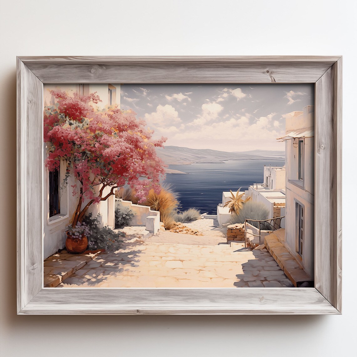 Whitewashed Village Street Sea View Pink Blossom Tree Oil Painting Poster