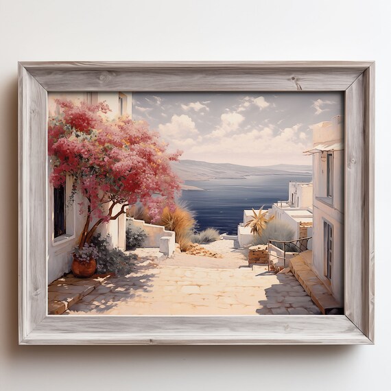 Whitewashed Village Street Sea View Pink Blossom Tree Oil Painting Poster