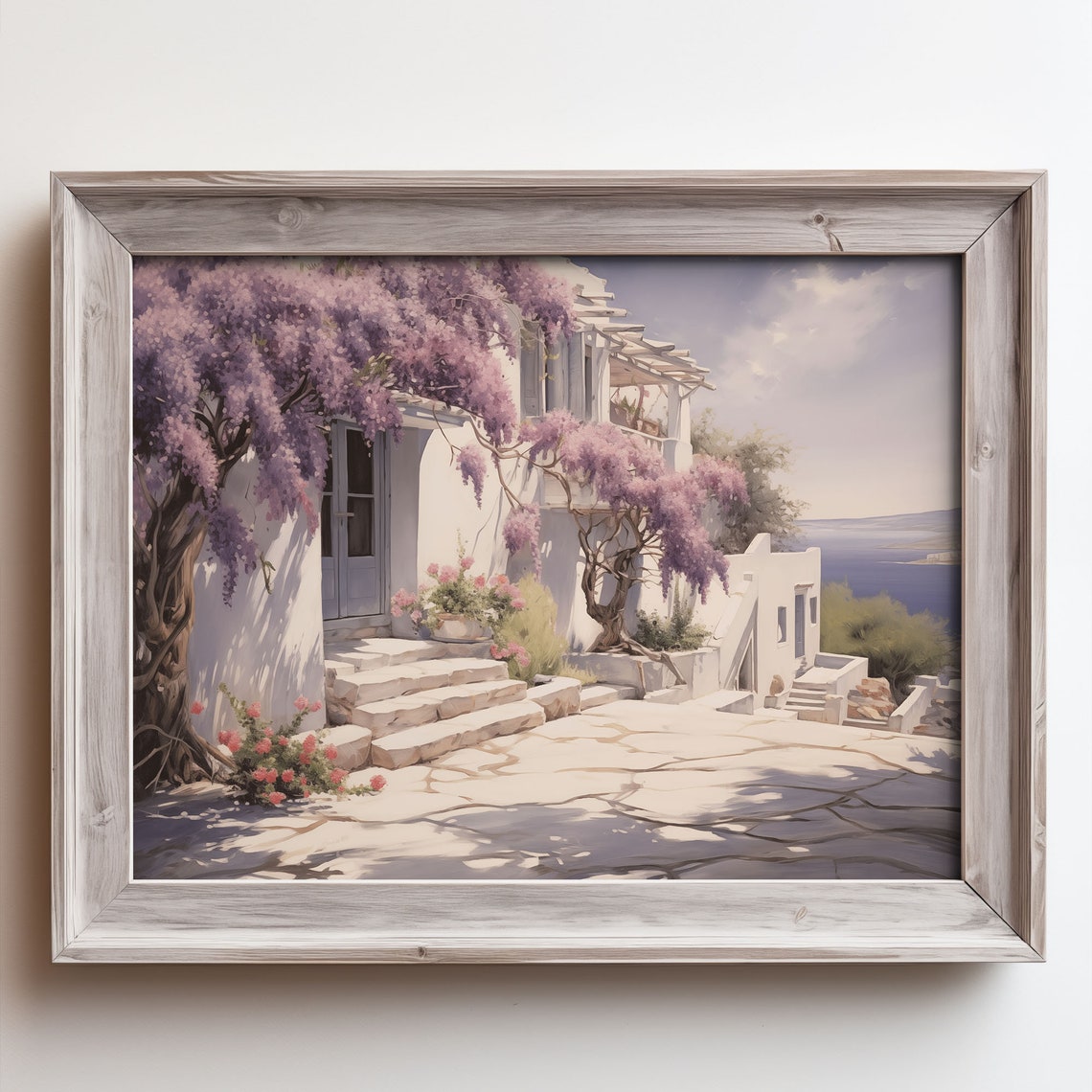 Whitewashed Greek House With Purple Wisteria Overlooking Sea Wall Art