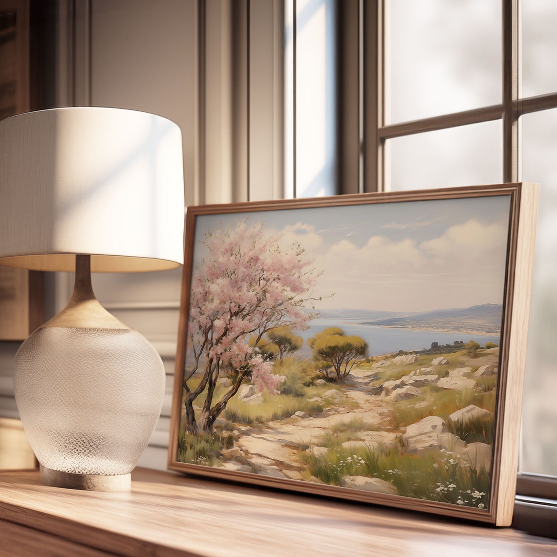 Pink Blossom Tree on Rocky Trail Above the Bay Oil Painting Poster - Image 3