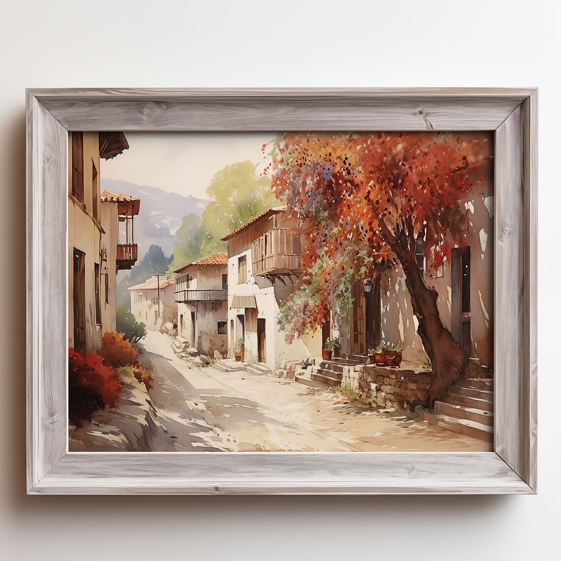 Autumn Village Street with Crimson Tree Oil Painting Style Poster