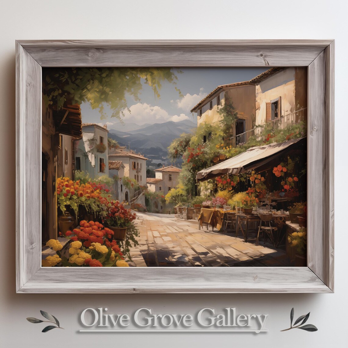 Mediterranean Market Street Flower Stalls Café Mountains Oil Poster