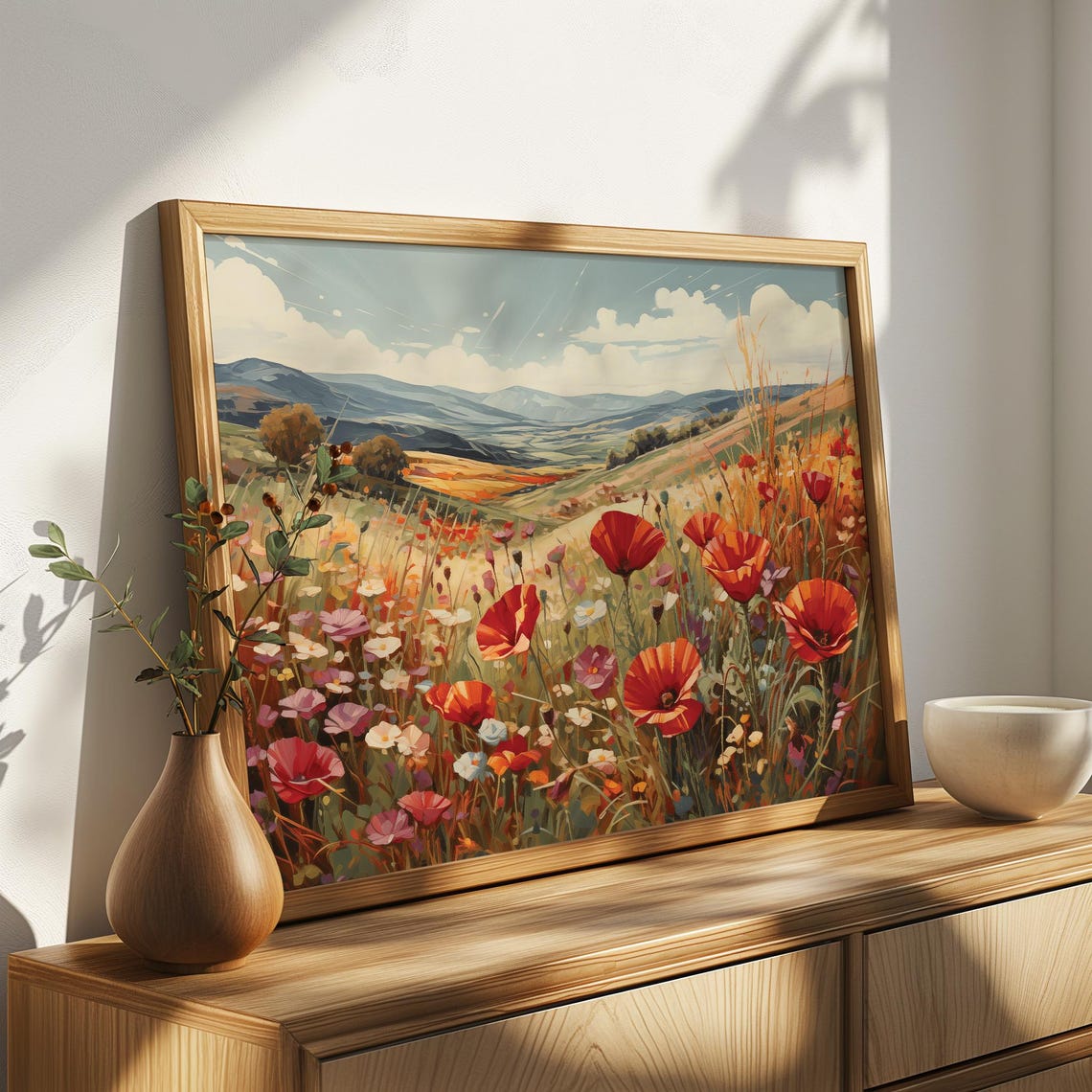 Red Poppy Field Rolling Hills Vintage Summer Meadow Art Poster - Image 4