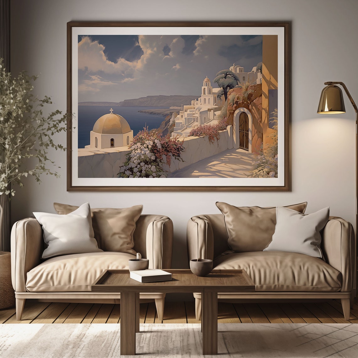 Greek Island Village with Domed Church Santorini Style Poster - Image 2