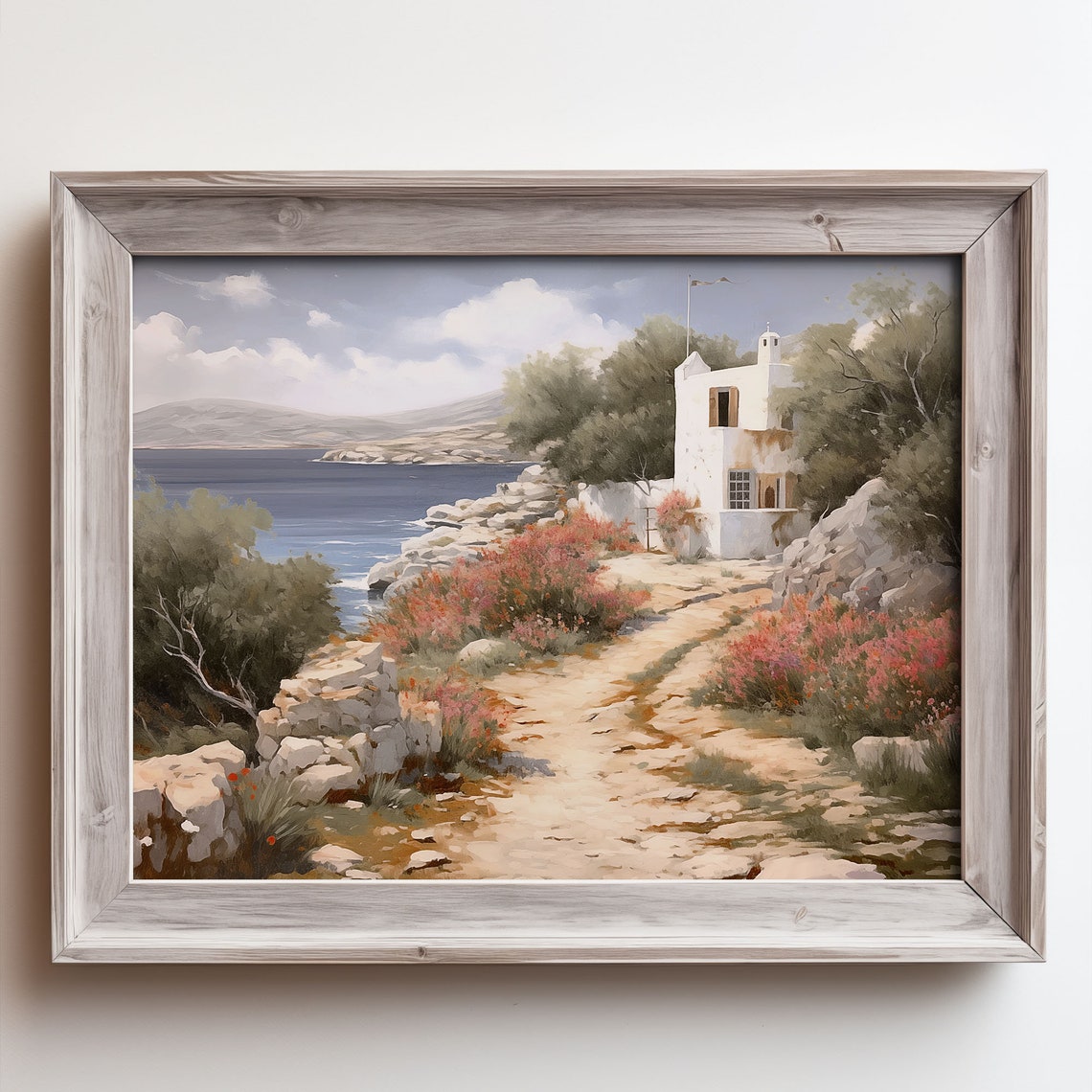 White Coastal Cottage Painting Flag Rocky Path Flower Sea Poster