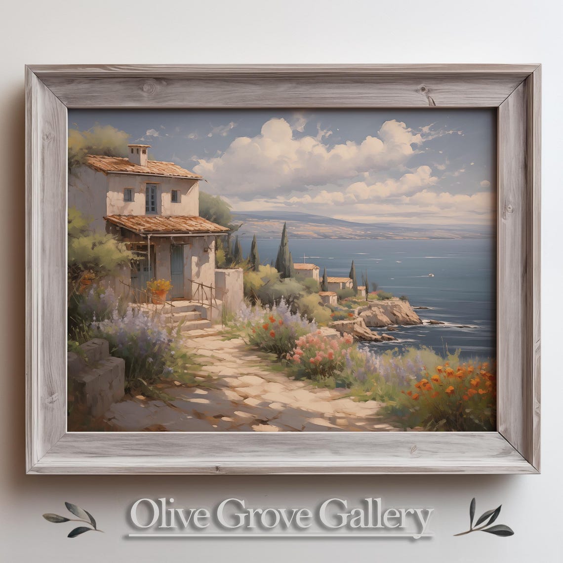 Stone Coastal Cottage Lavender Wildflowers Seaside Oil Painting Poster