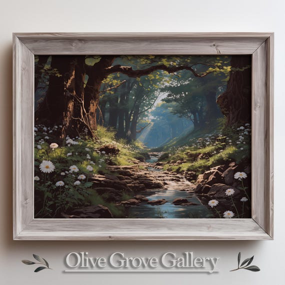 Serene Forest Clearing Art Sunlit Woodland Stream Scene Nature Inspired Wall Decor Peaceful Landscape Painting Calming Nature Art