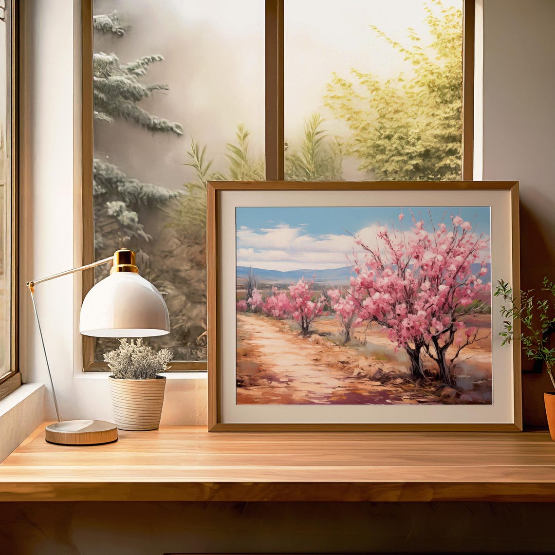 Pink Blossom Trees Sandy Road Painting Desert Spring Flowers Poster - Image 3