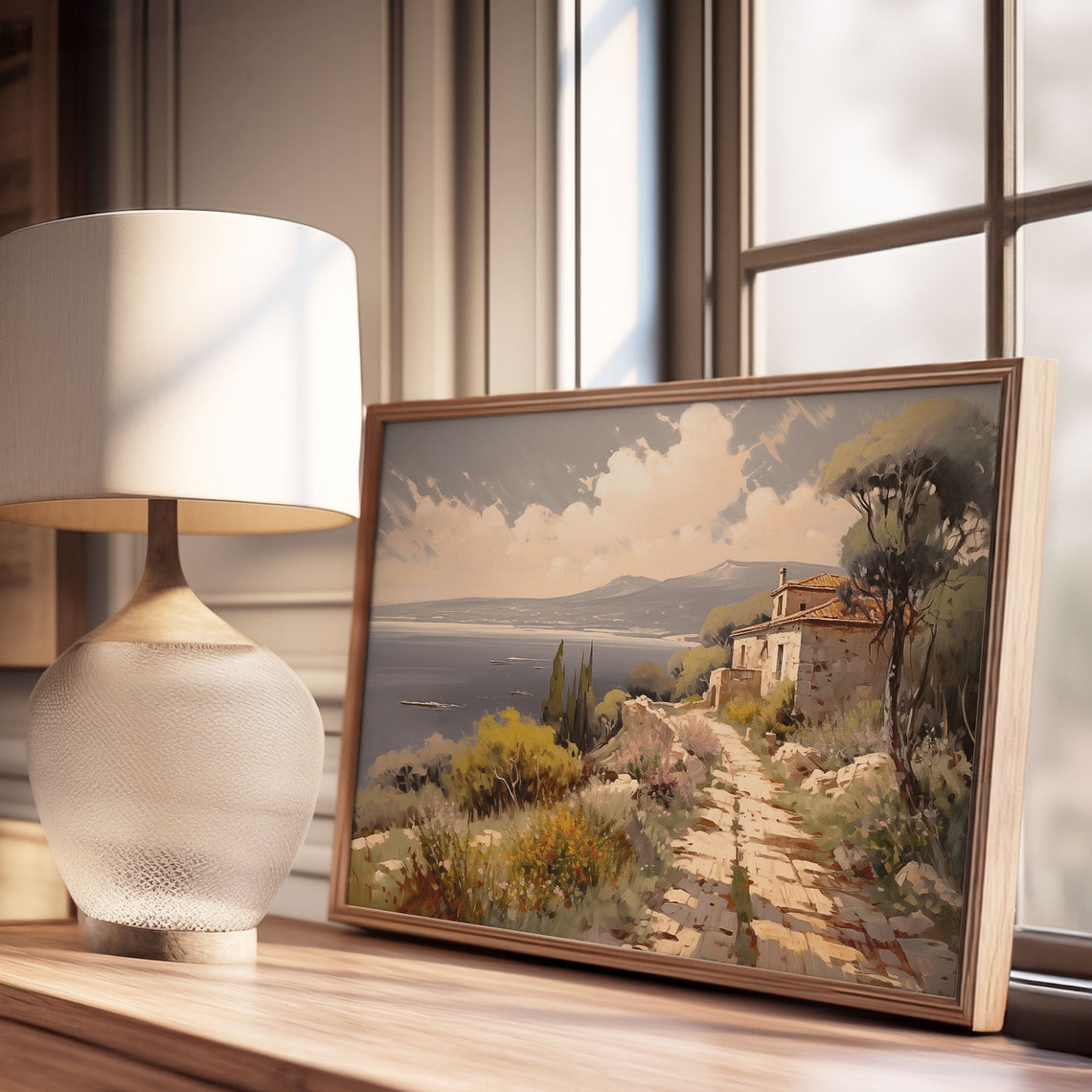 Stone Villa Seaside Sunset Painting Cypress Cliff Ocean Path Poster - Image 2