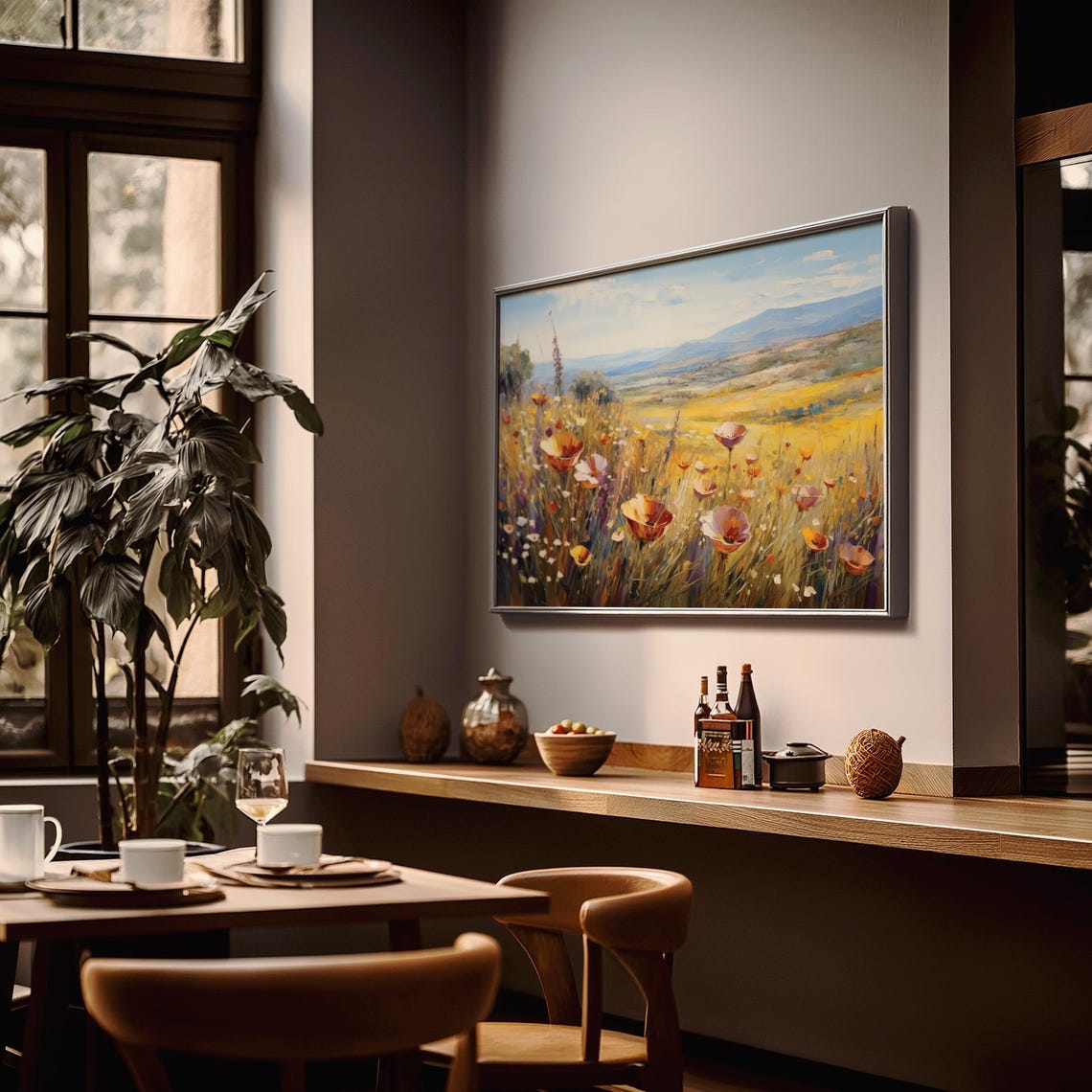 Golden Wildflower Meadow Mountain View Rustic Country Art Poster - Image 2