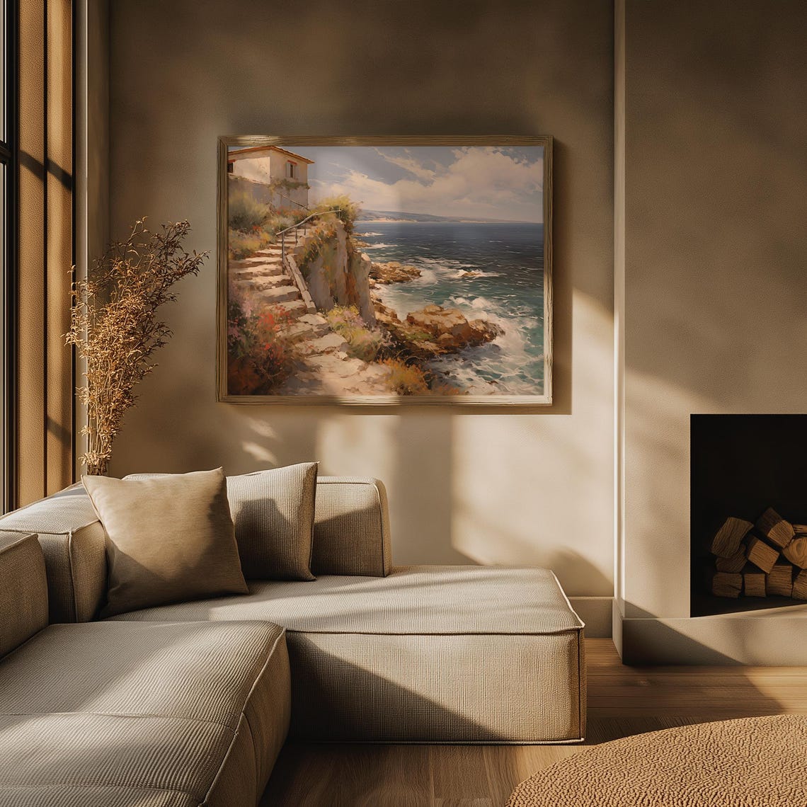 Cliffside Cottage With Stone Steps To Rocky Shore Blue Sea Poster - Image 3
