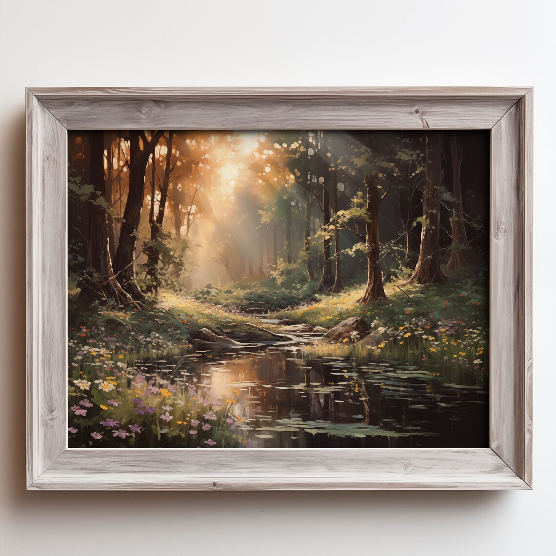 Sunrise Forest Pond Golden Sunbeams Wildflower Oil Painting Poster