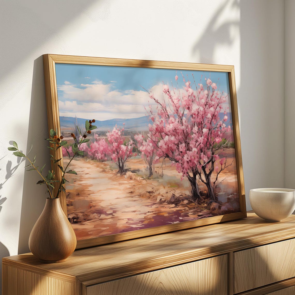 Pink Blossom Trees Sandy Road Painting Desert Spring Flowers Poster - Image 4