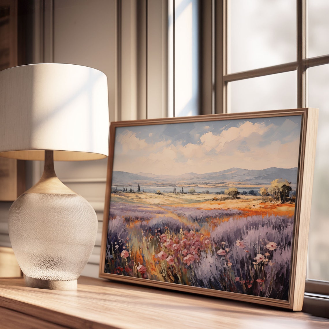 Lavender Field Pink Cosmos Flowers Rolling Hills Oil Painting Poster - Image 3