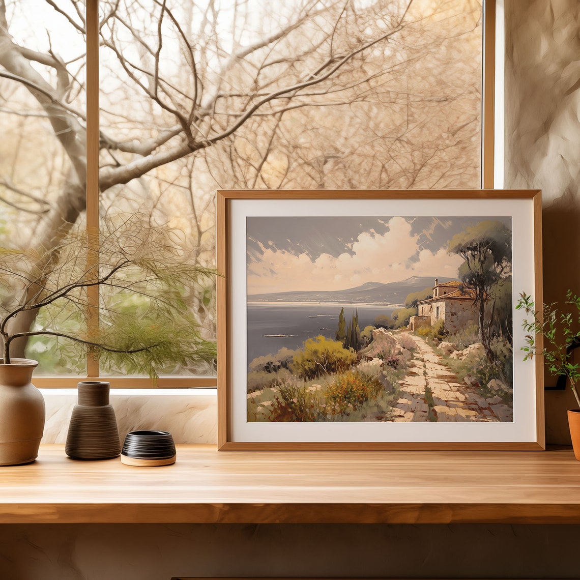 Stone Villa Seaside Sunset Painting Cypress Cliff Ocean Path Poster - Image 4