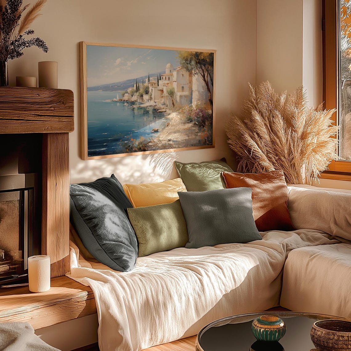Whitewashed Coastal Village On Calm Blue Bay With Cypress Oil Poster - Image 3