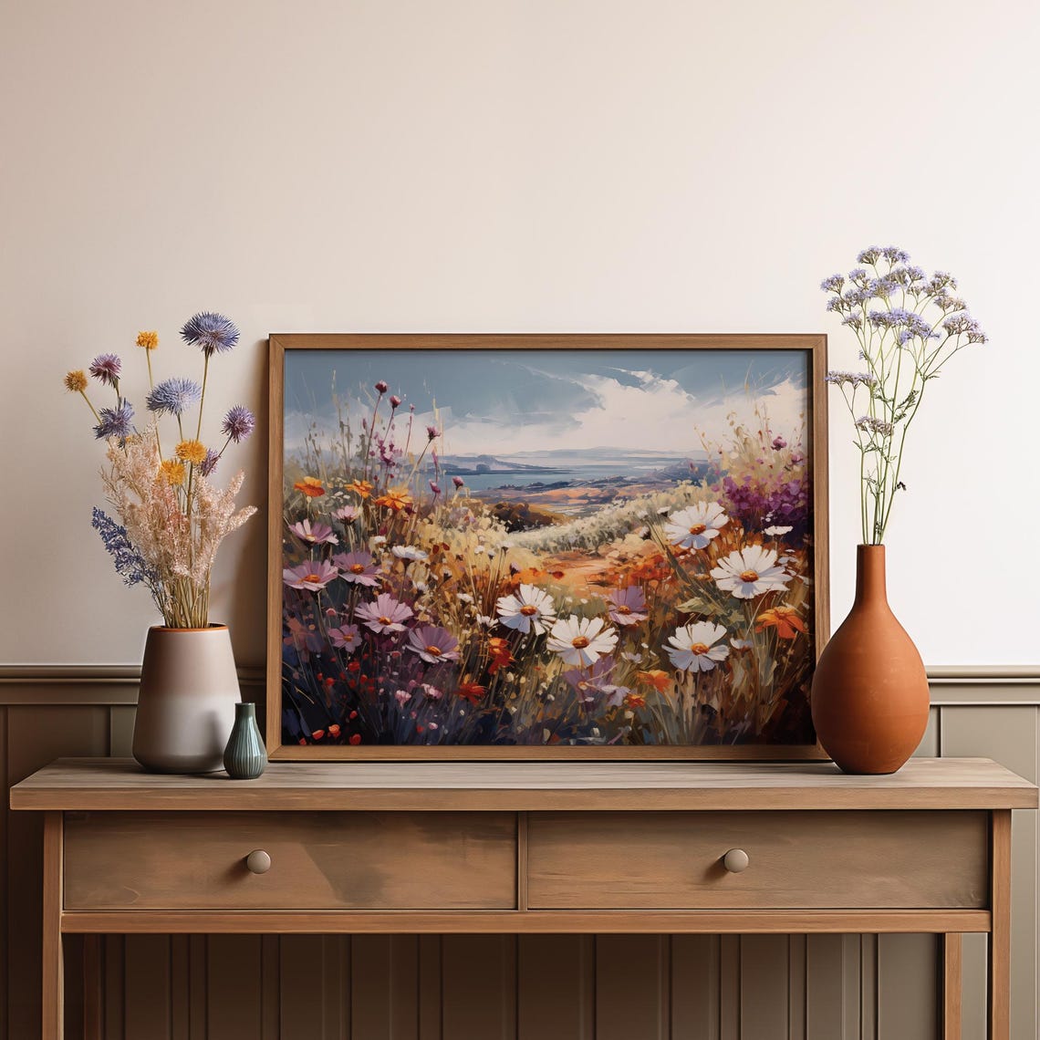 White Daisy Wildflower Meadow Lake View Vintage Oil Painting Poster - Image 3