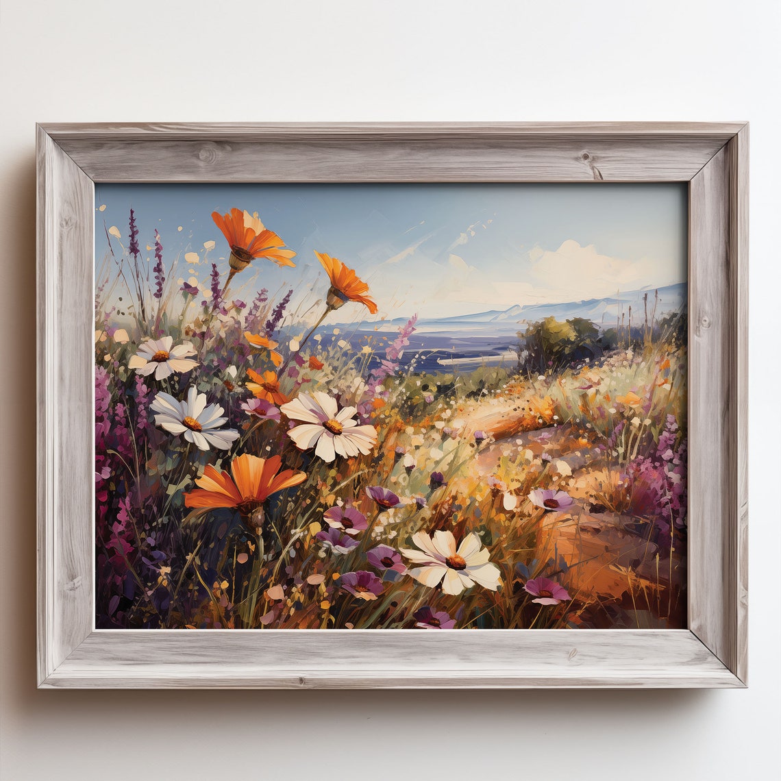 Orange Poppy Daisy Wildflower Field Sea View Oil Painting Poster