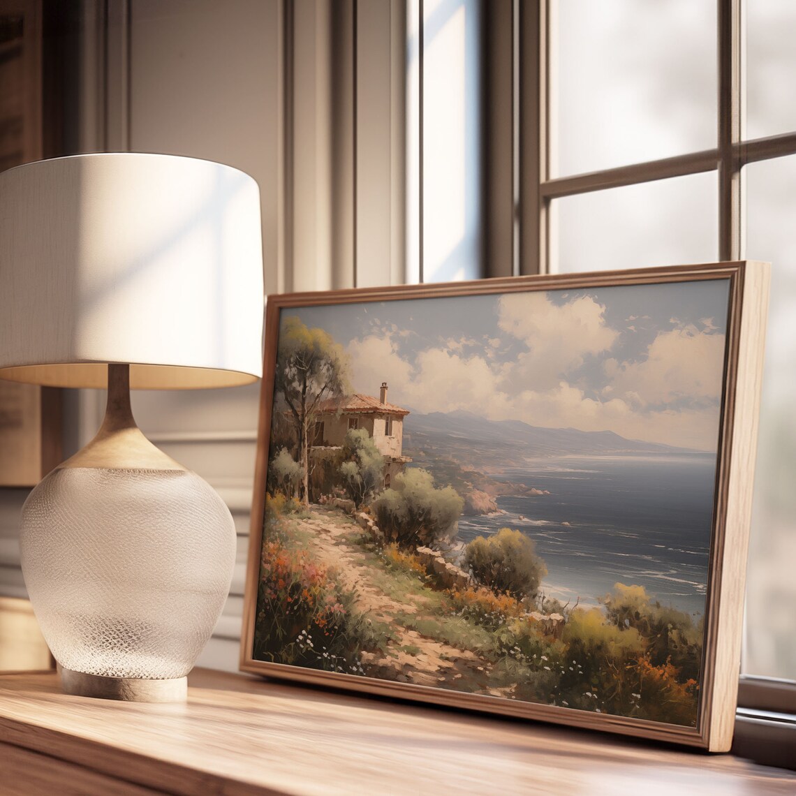 Hillside Stone Farmhouse Above the Sea Wildflowers Oil Painting Poster - Image 3