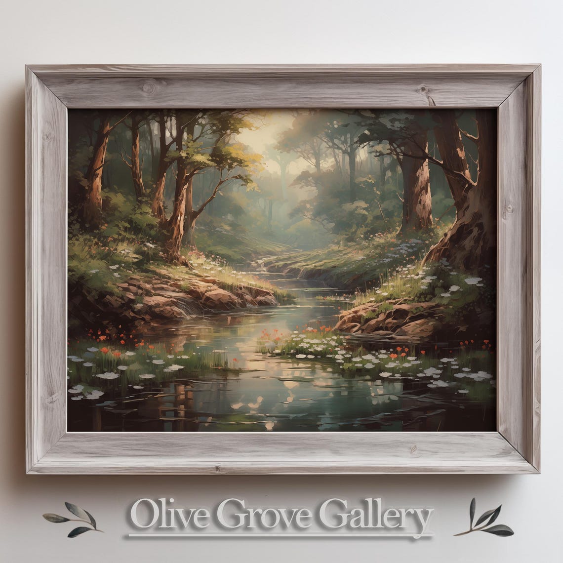 Mystical Forest River Painting Serene Woodland Stream Nature Poster