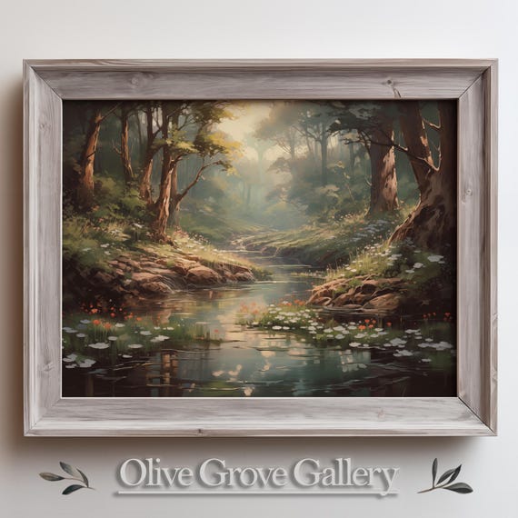 Mystical Forest Painting Serene Woodland River Landscape Art Nature Wall Decor Enchanting Forest Stream Art Peaceful Scenic Painting