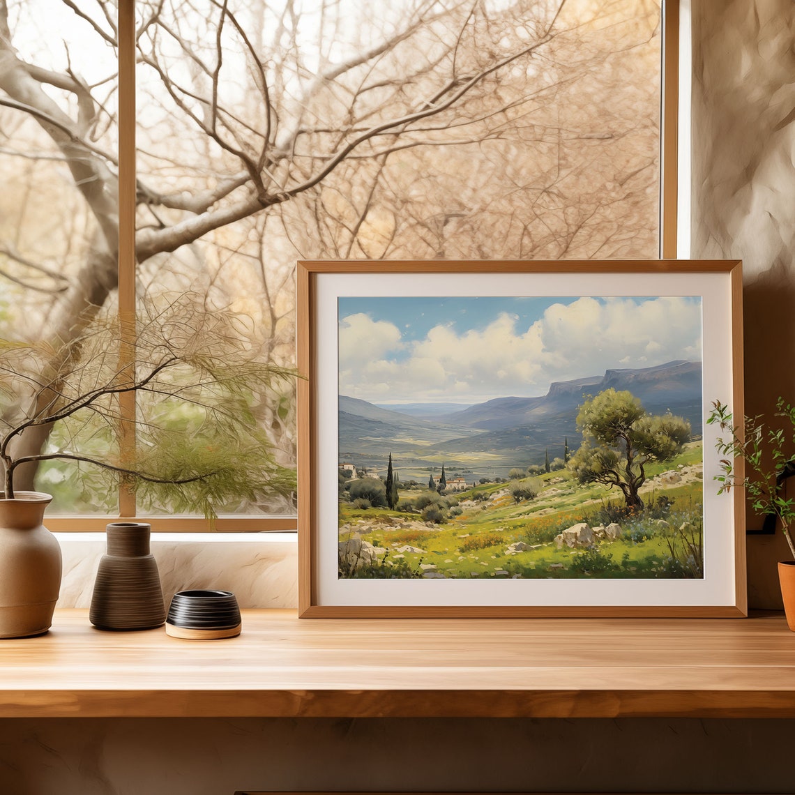 Mediterranean Valley Olive Tree Painting Village Mountain View Poster - Image 4