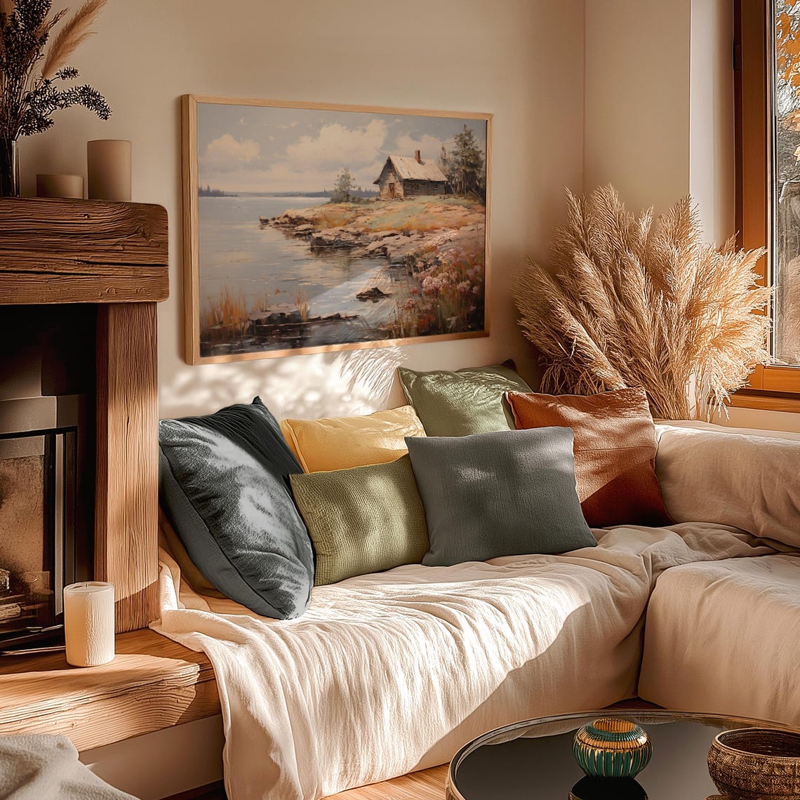 Rustic Lakeside Cabin On A Rocky Shore With Wildflowers Vintage Poster - Image 3