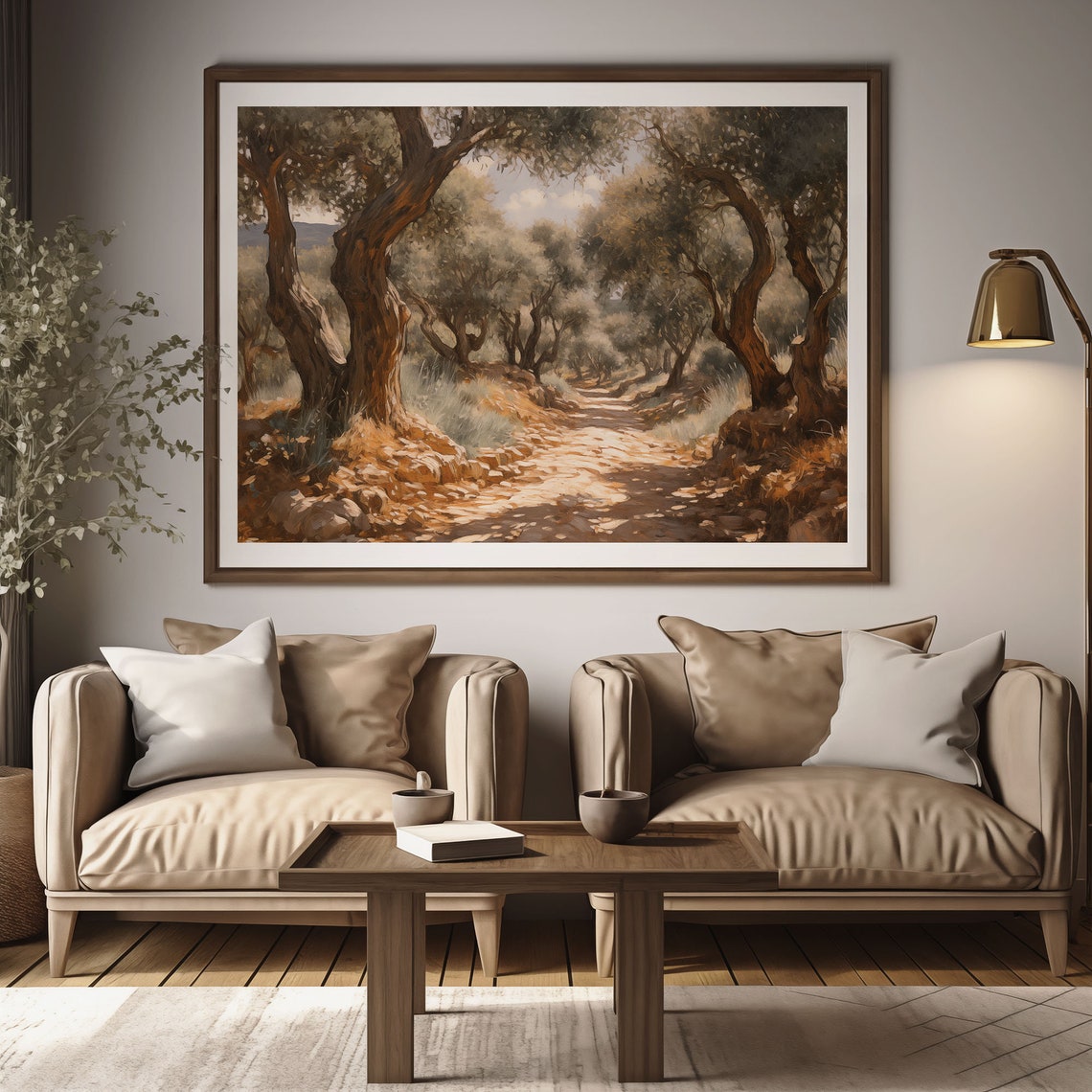 Ancient Olive Trees On A Sunlit Grove Path Golden Vintage Print - Image 2