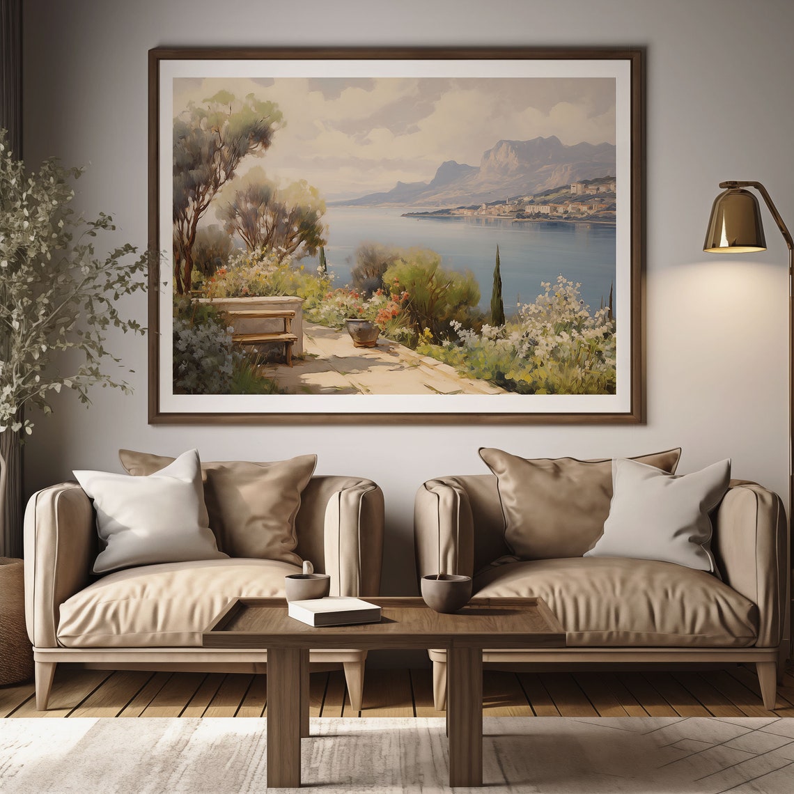 Sunny Stone Terrace Garden Bench Flowers Mountain Lake View Poster - Image 2
