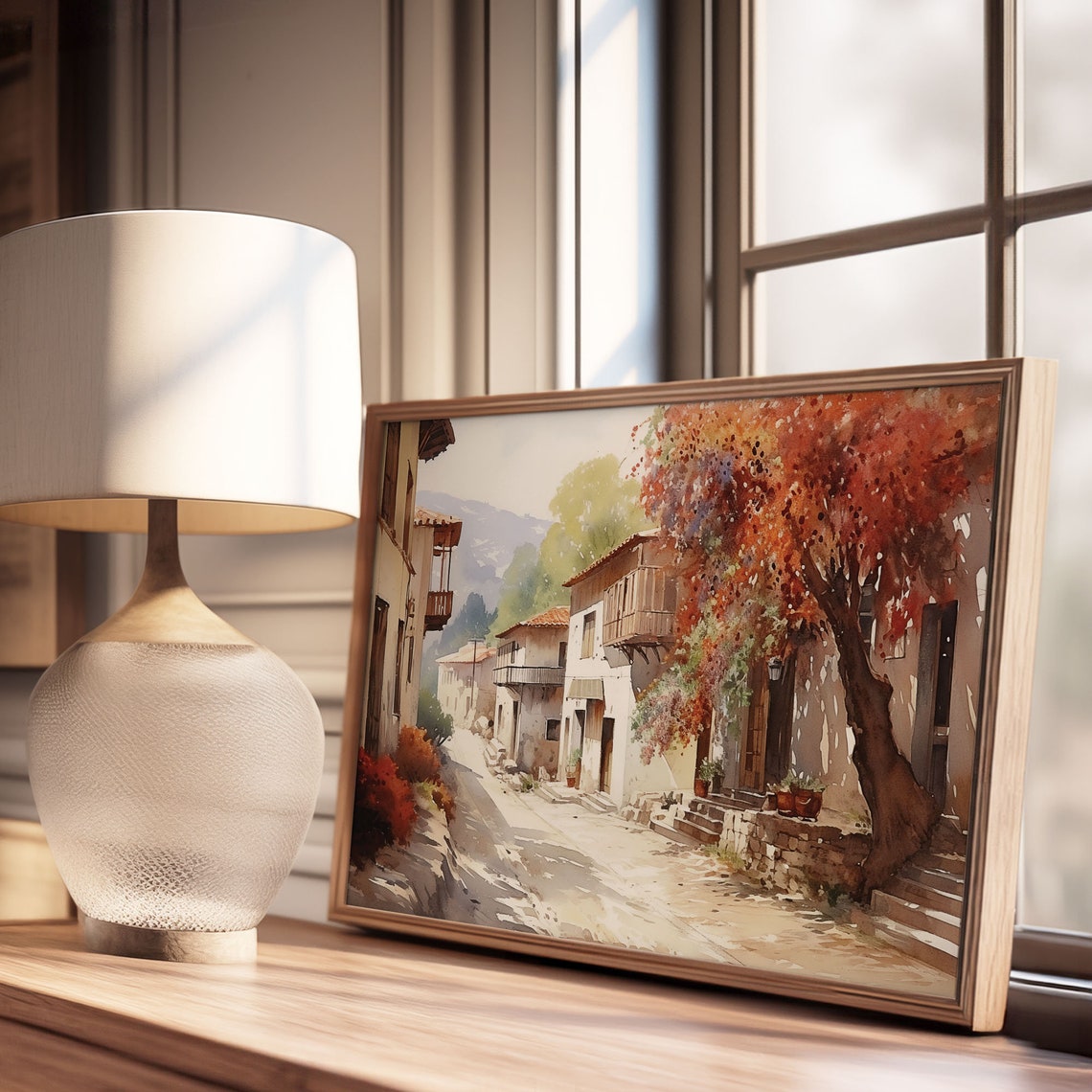 Autumn Village Street with Crimson Tree Oil Painting Style Poster - Image 3