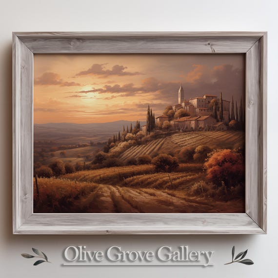 Sunset Over Mediterranean Village Rustic Countryside Landscape Warm Nature Inspired Wall Art Serene Sunset Scene Instant Print