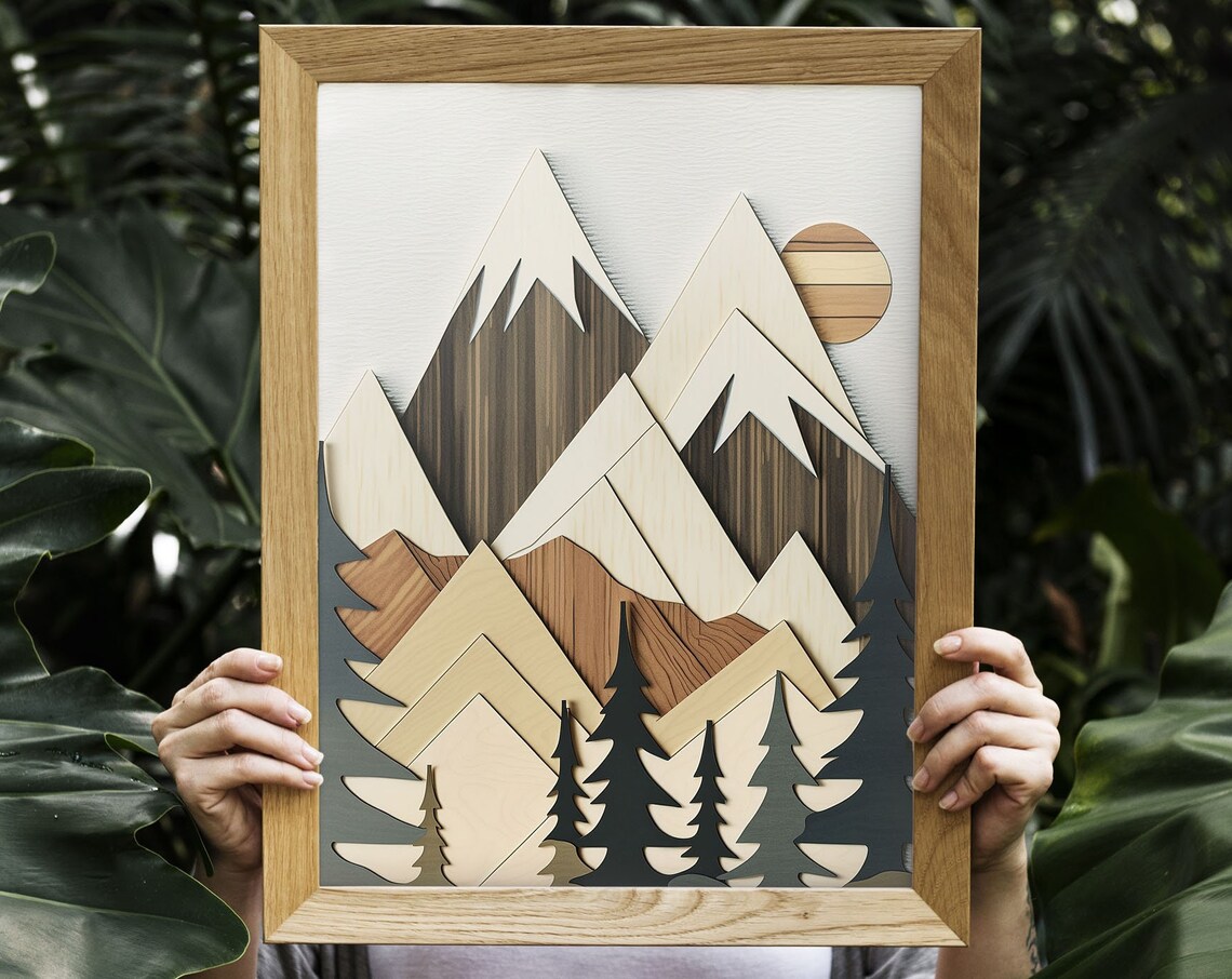 Wood Style Mountain Scene Art Print, Modern Lakehouse - Image 3