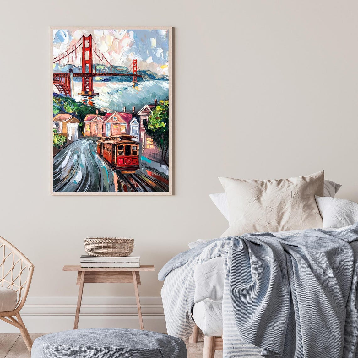 Golden Gate Bridge Cable Car San Francisco Street Impasto Oil Poster - Image 2