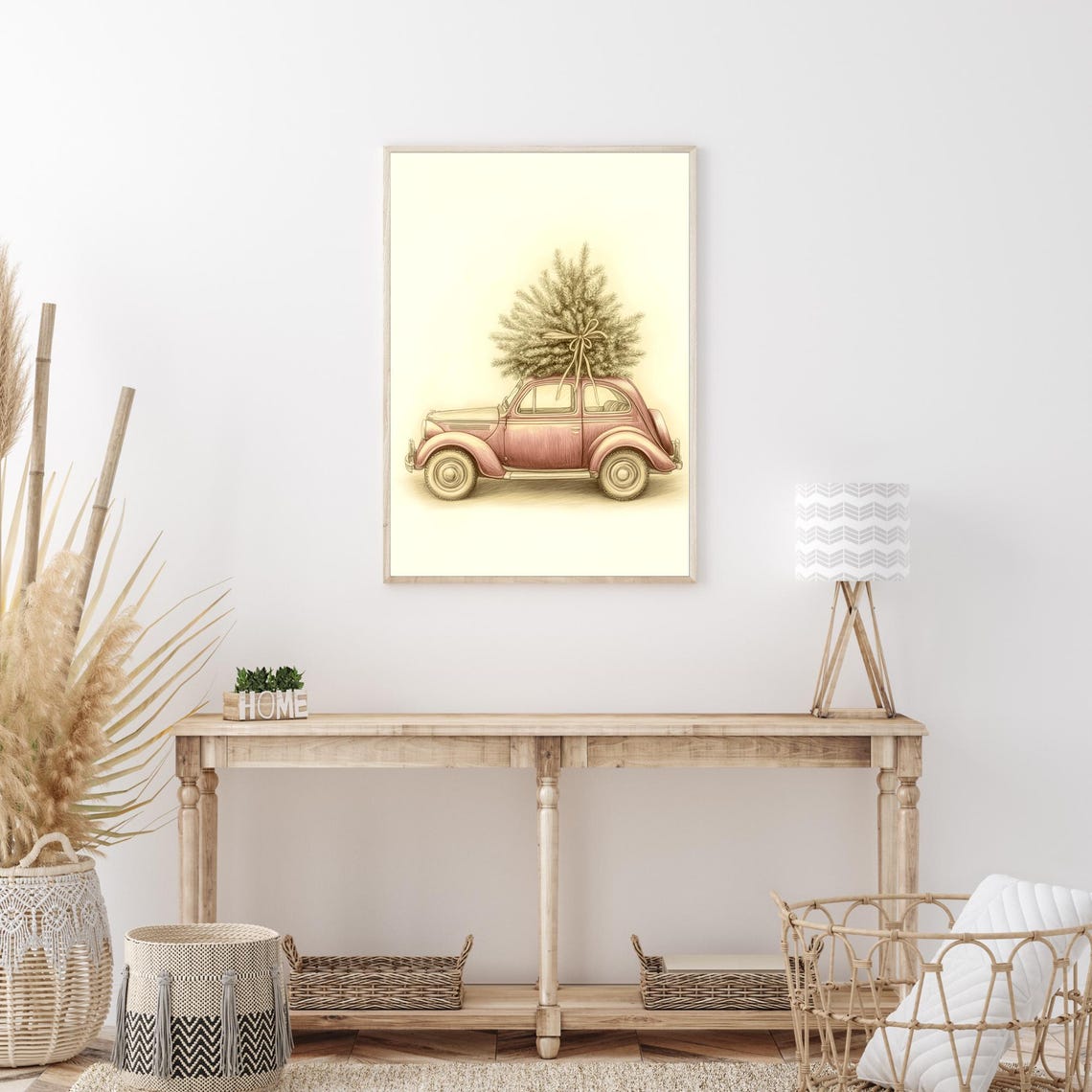 Vintage Red Volkswagen Beetle Carrying Christmas Tree Art Poster - Image 4
