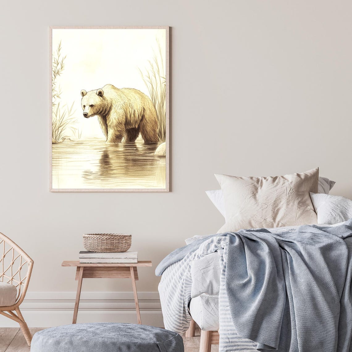 Serene Brown Bear At Rivers Edge Nature Wildlife Art Print Wilderness Wall Decor Bear Illustration - Image 2