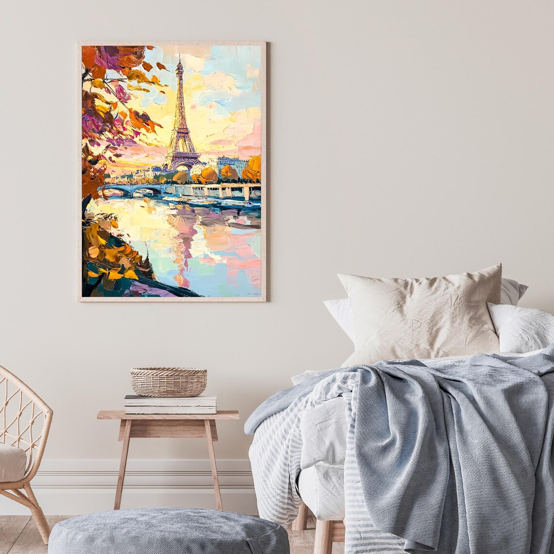 Eiffel Tower Paris Autumn Leaves Seine Sunset Reflection Romantic Painting Poster - Image 2