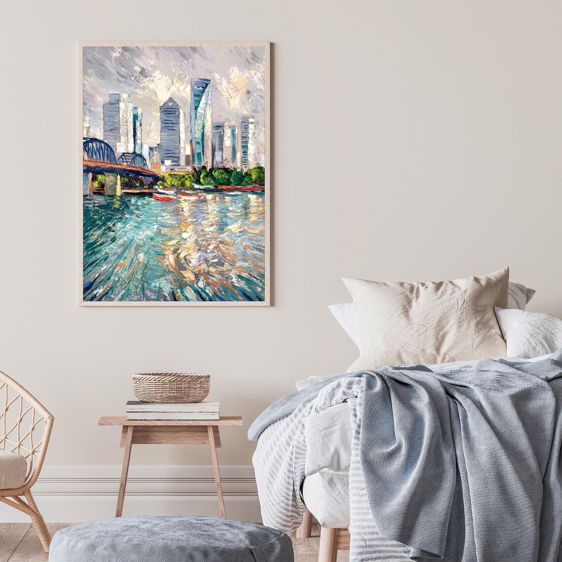 City Bridge River Boats Shimmering Water Impressionist Oil Painting Wall Art - Image 2