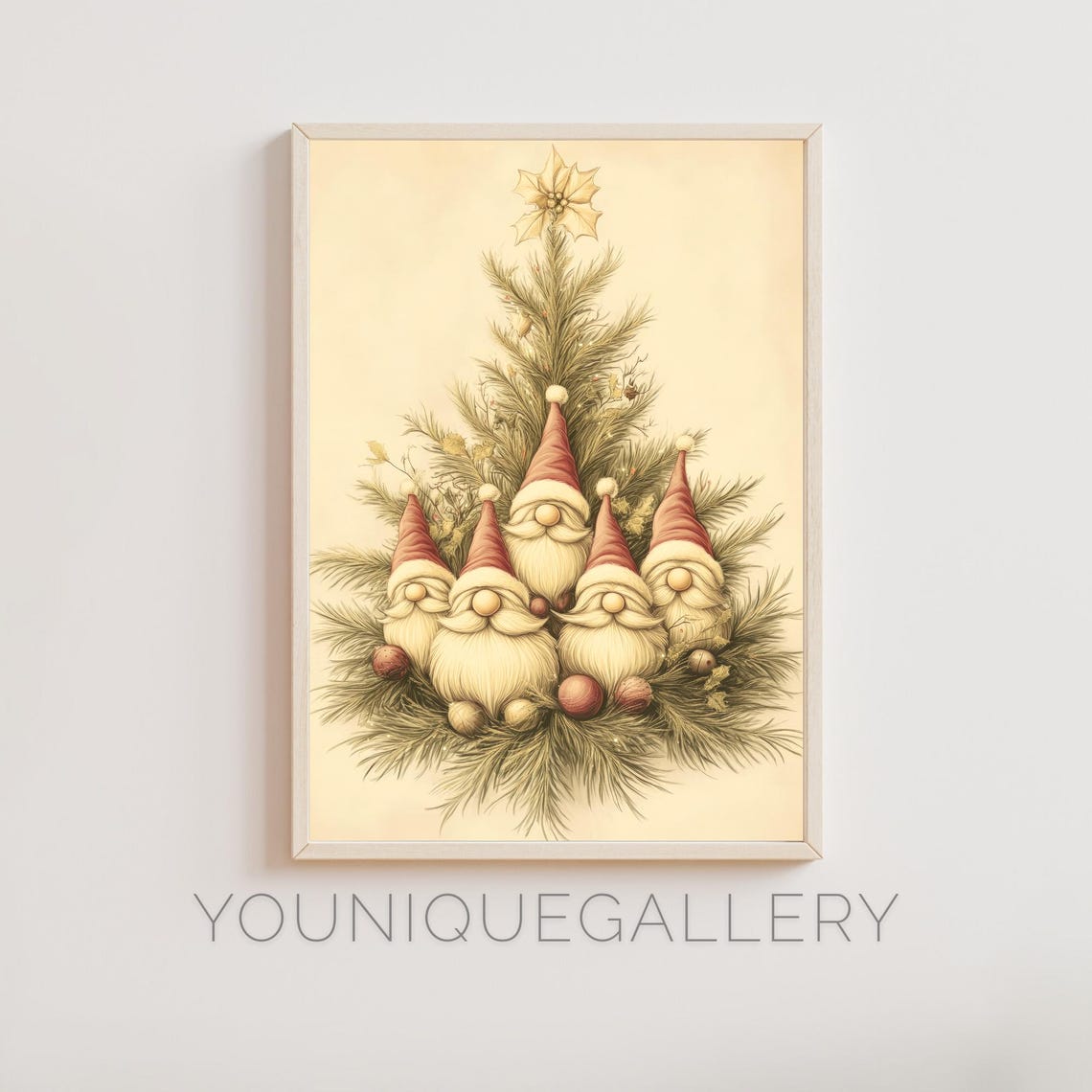 Cute Christmas Gnome Tree Five Vintage Gnomes Holiday Poster