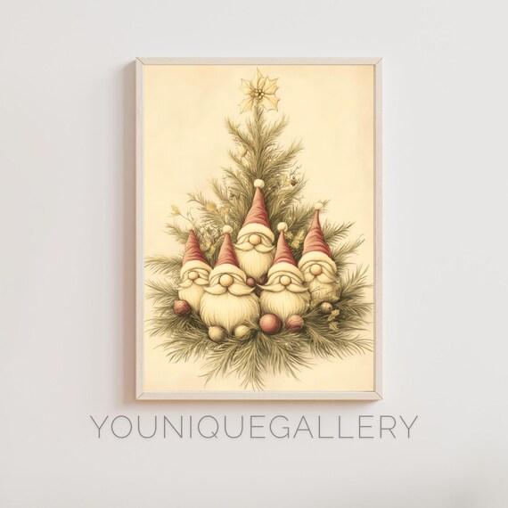 Cute Christmas Gnome Tree Five Vintage Gnomes Holiday Poster