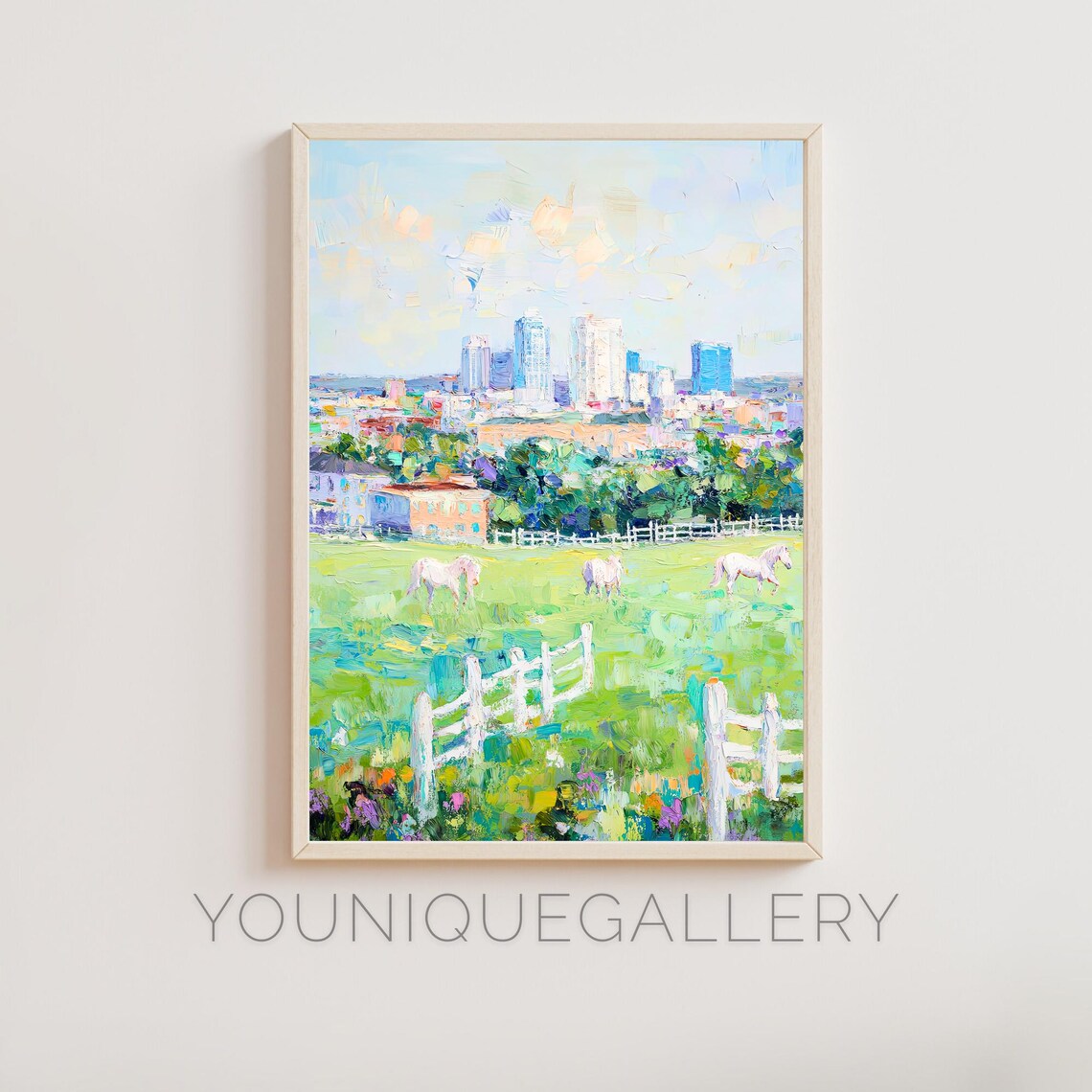 White Horses Pasture City Skyline Pastoral Impressionist Wall Art