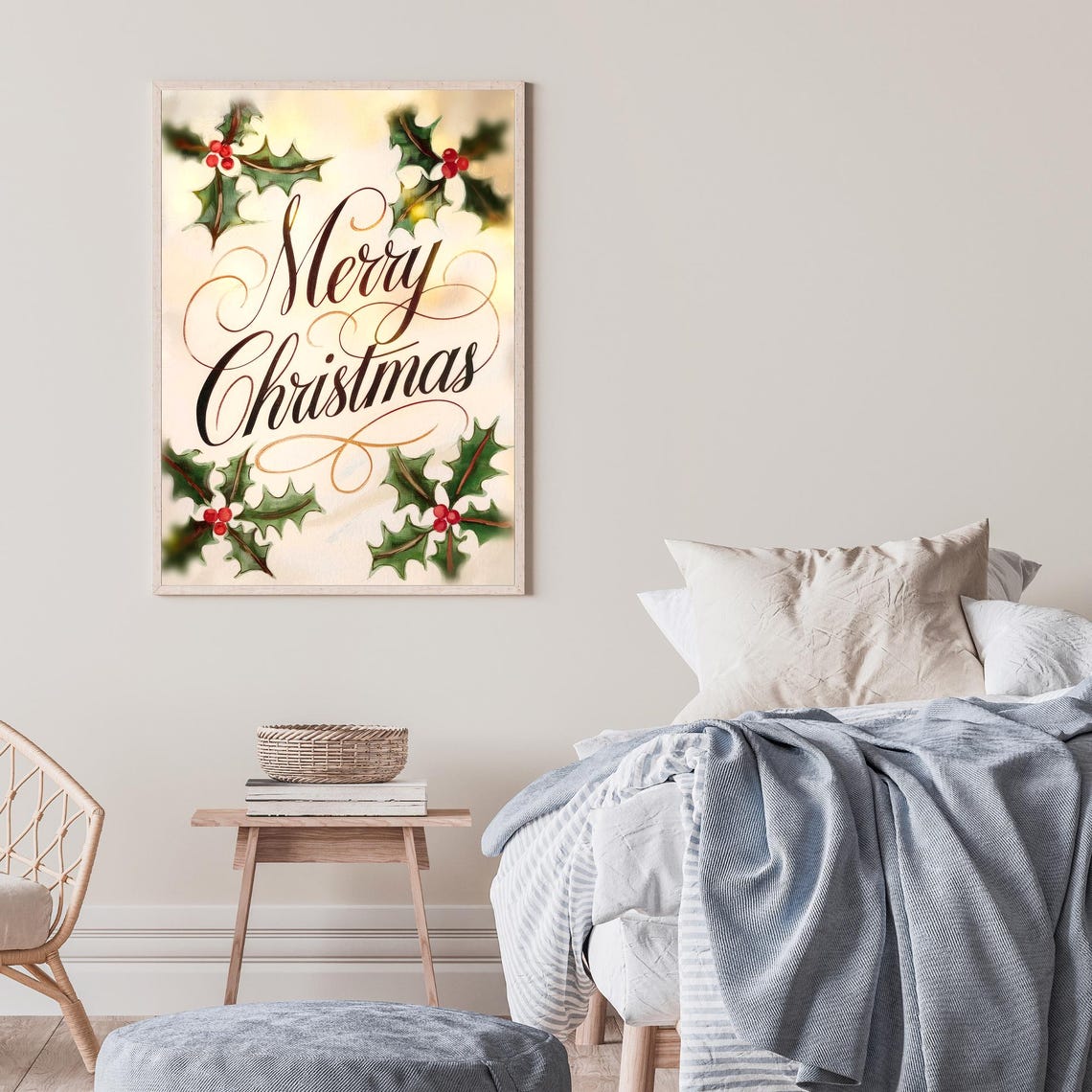 Merry Christmas Calligraphy Holly Berries Watercolor Holiday Poster - Image 3