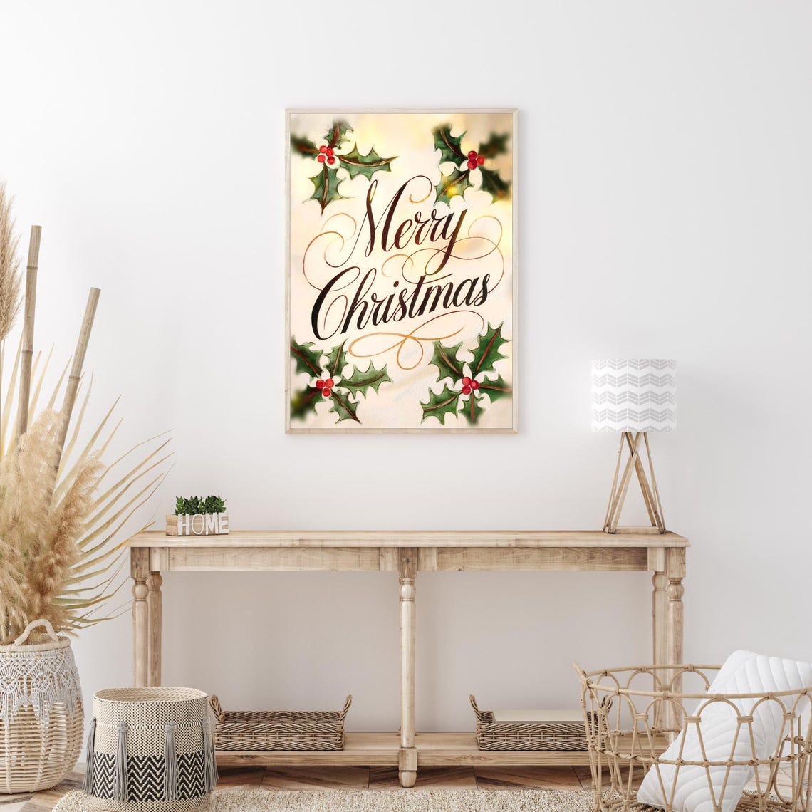 Merry Christmas Calligraphy Holly Berries Watercolor Holiday Poster - Image 4