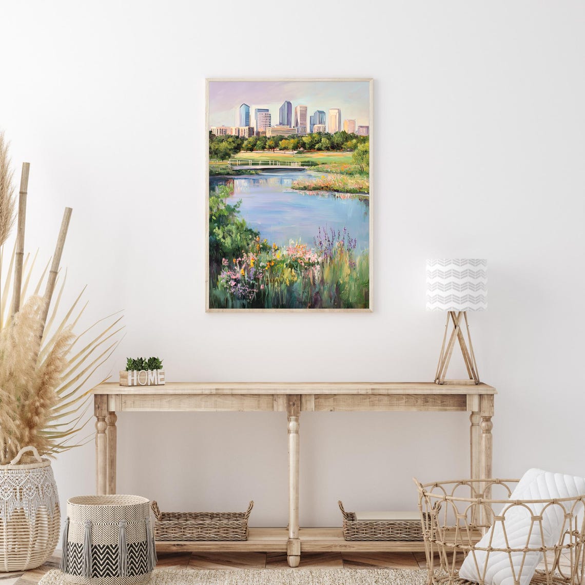 City Lake Wildflower Garden Bridge Skyline Impressionist Oil Wall Art - Image 3
