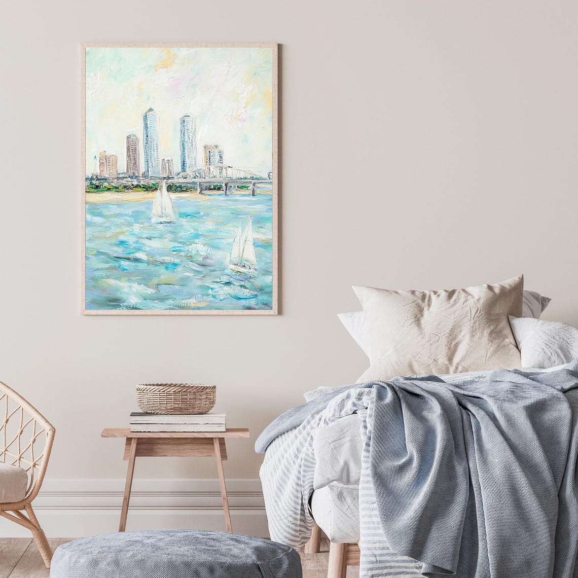 River Skyline Sailboats Impressionist City Waterfront Oil Wall Art - Image 2
