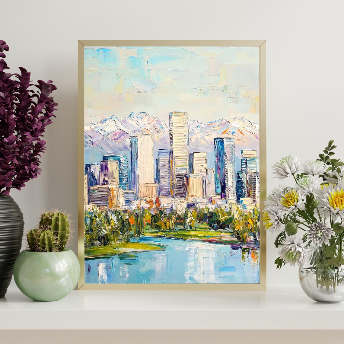 Denver Colorado Snowy Rocky Mountain Skyline Lake Oil Painting Poster - Image 4
