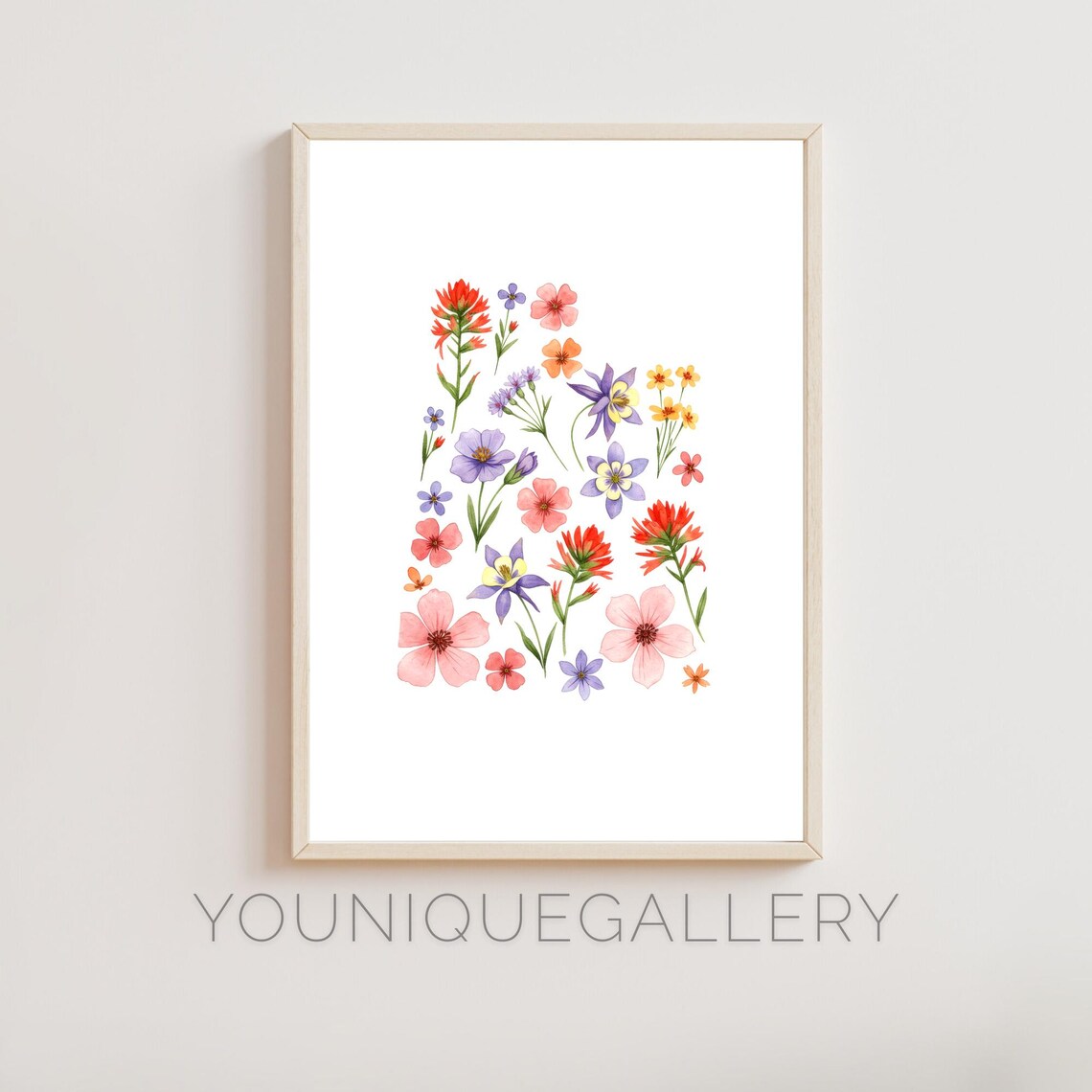 Utah Floral Map, Sego Lily Watercolor Art Print
